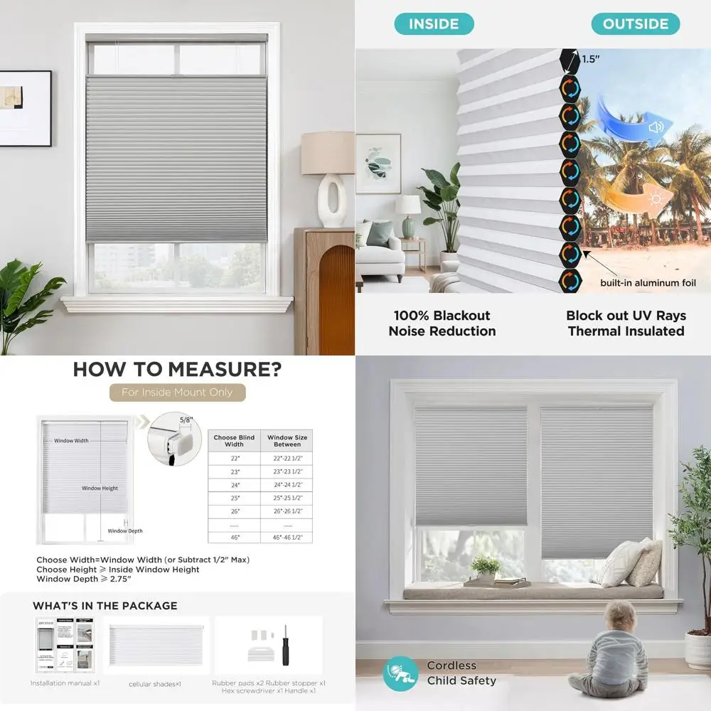 

Cordless Honeycomb Cellular Shades, Top-Down Bottom-Up, Blackout Insulated, Grey, 22x64