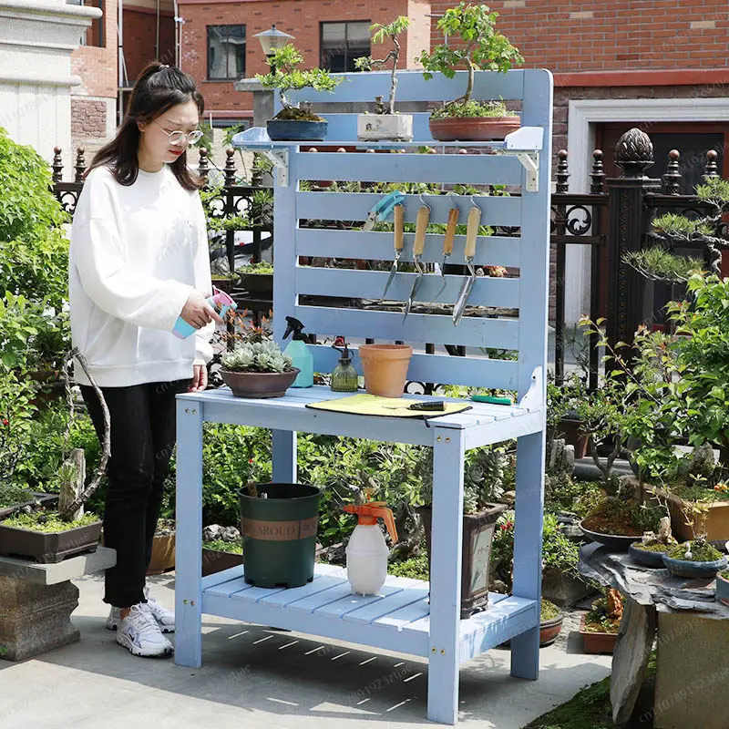 Solid Wood Succulent Gardening Table with Tool Storage Outdoor Flower Workbench for Balcony