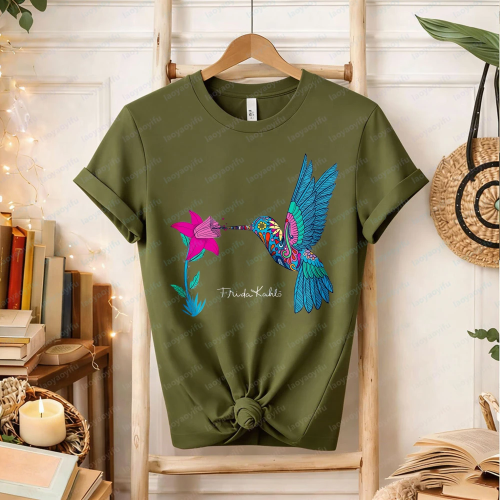 Frida Kahlo Hummingbird Floral T-Shirt Colorful Mexican Art Inspired Boho Cotton Tee Gift for Art Lovers gothic women clothes