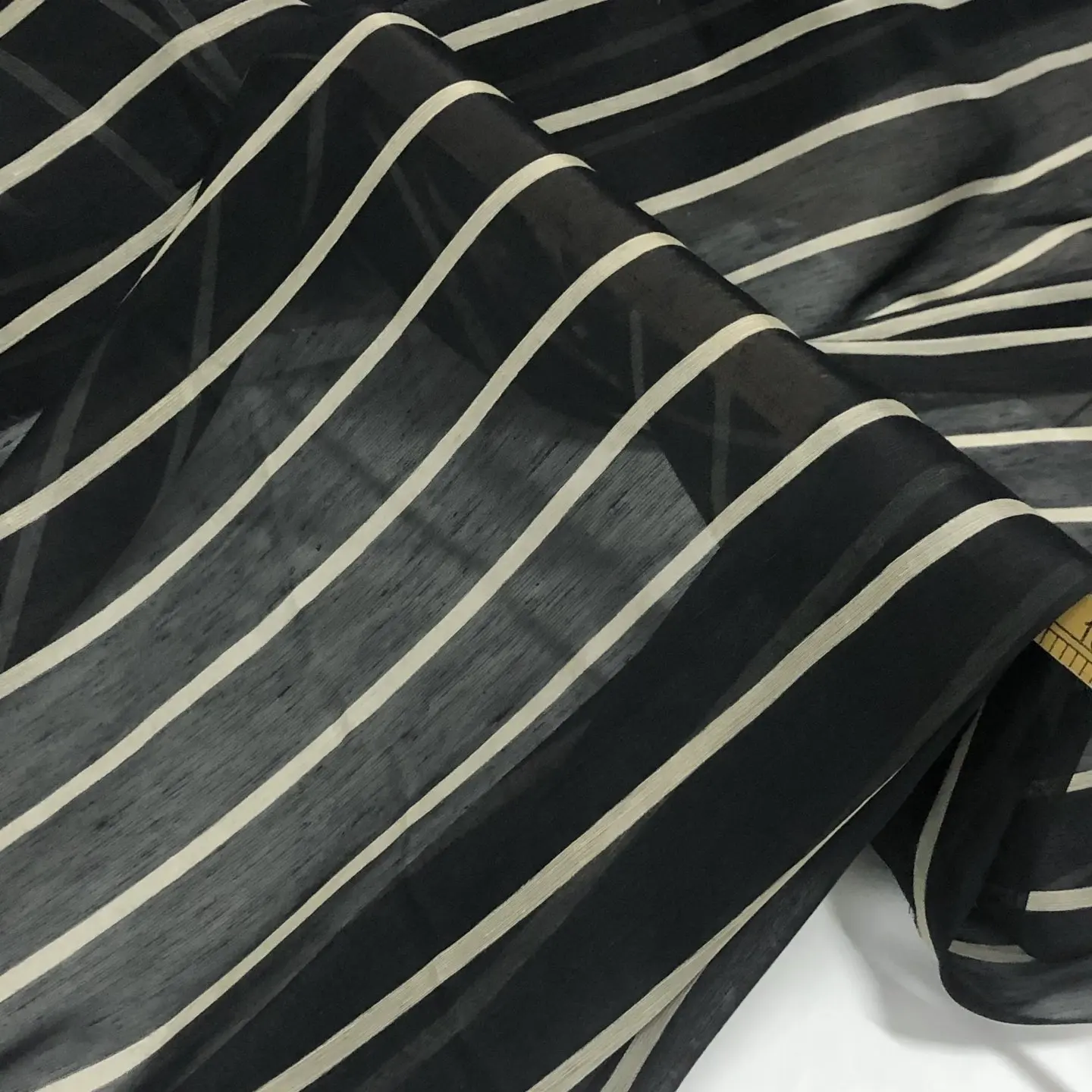 Black Horizontal Stripe Silk Linen Designer Fabric Sheer Textile for Dress Overlays and Cover Ups, Custom Dressmaking Cloth