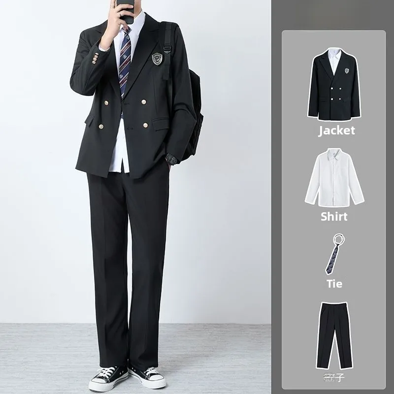 

Mukun Uncle DK Japanese Style Dark Blue Double Row Button Men's School Uniform Set High School Student Coat Jacket Suit