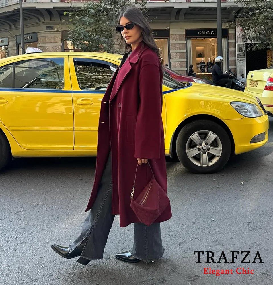 TRAFZA-Women High Street Long Coat Lapel Buttons Angora Red Coat New 2025 Fashion Fall Winter Romantic Elegant Commuter Coat