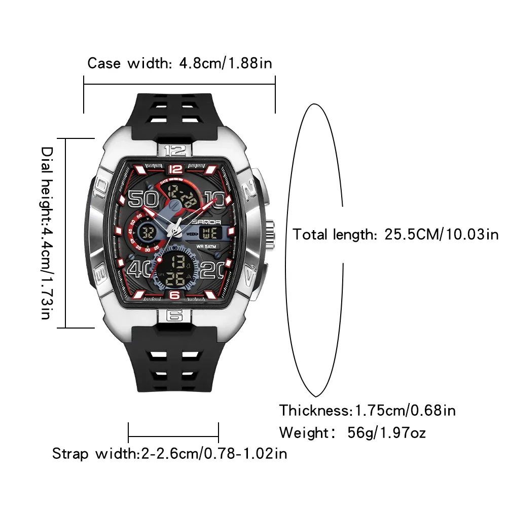 SANDA Fashion Watch for Man Tonneau Dial Multi-function Dual Display LED Luminous Sports 5Bar Waterproof Military Students Watch - view 6