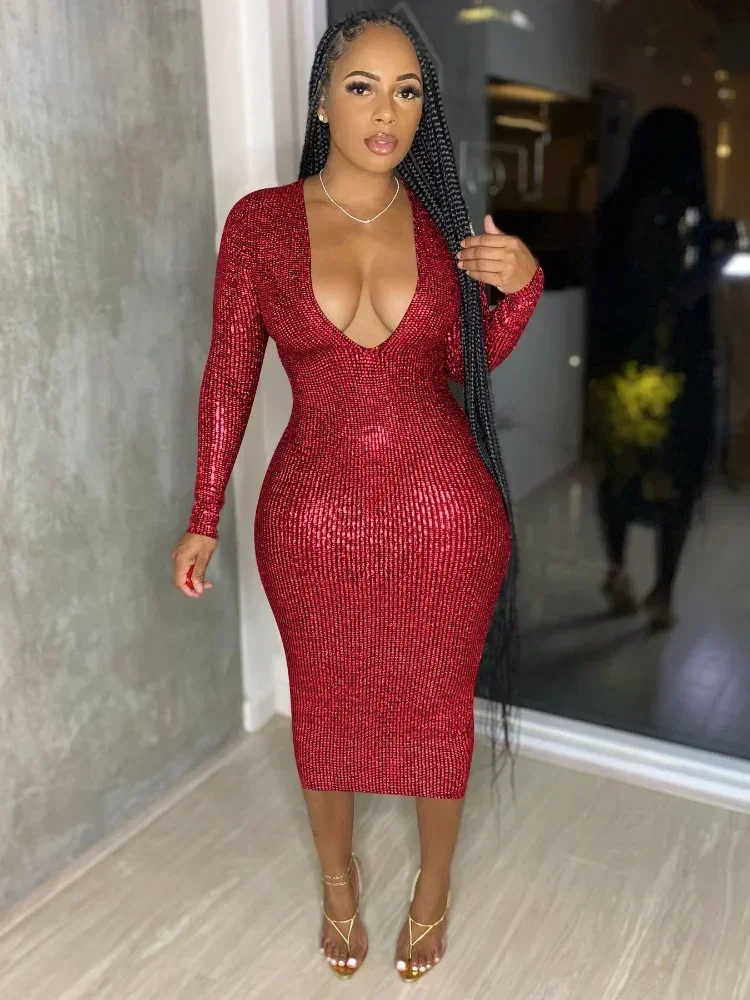 GUWU البرنز كم طويل التفاف العميق الخامس الرقبة Bodycon ميدي فستان المرأة Vestidos مثير نحيل ليلة حفلة موسيقية فساتين كلوبوير