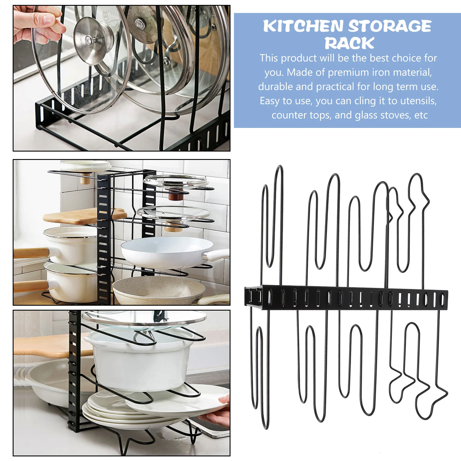 

1 Set 8 Layer Iron Kitchen Storage Rack Pot Cover Holder Tray For Home Restaurant Use Black Multifunctional Organizer