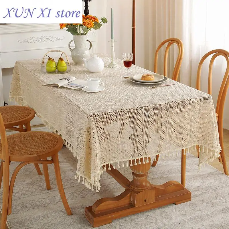 New Rustic Style Handmade Crochet Dinner Tablecloth Woven Beige Towel Bridal Party Home Kitchen Dining Table Cover Decorative