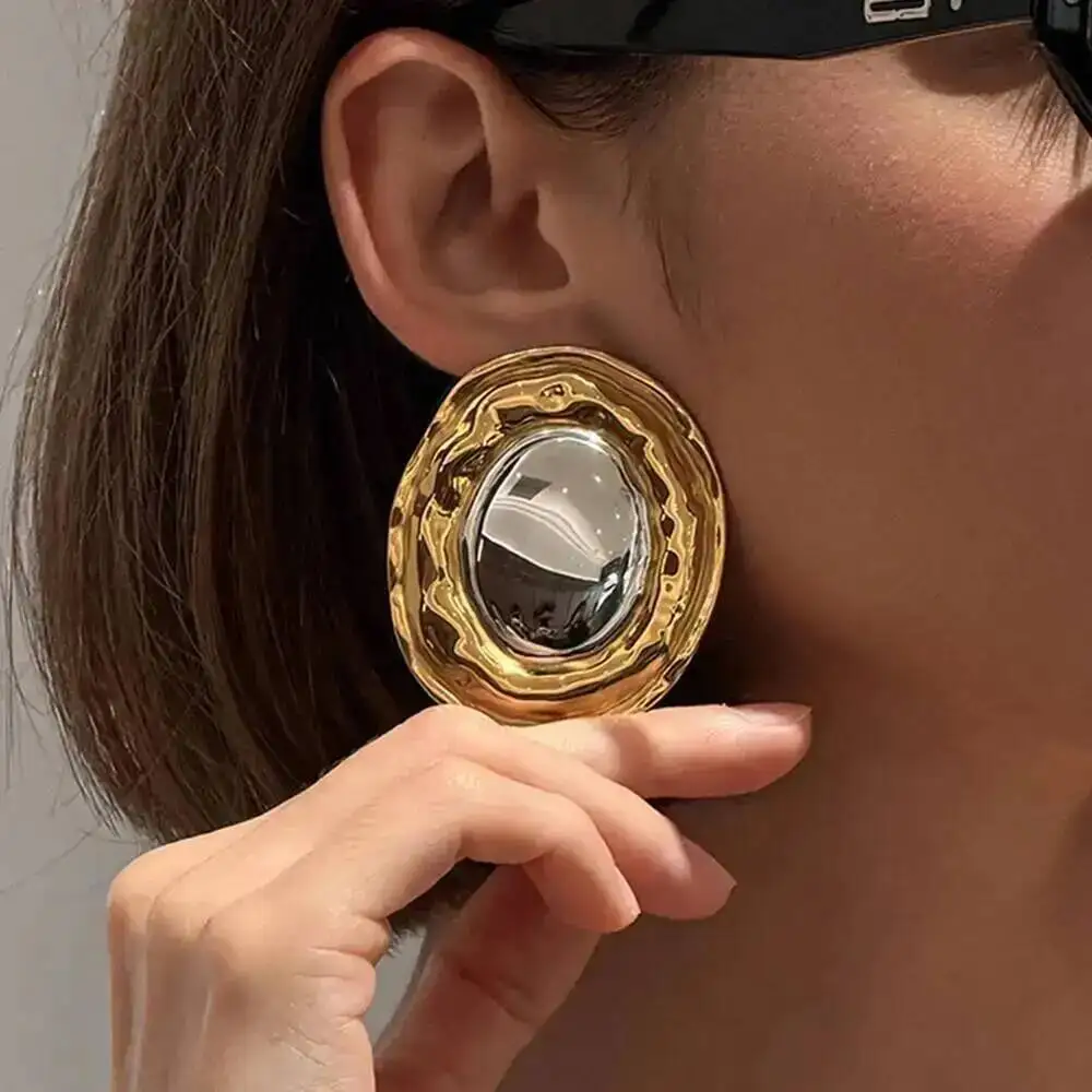 SHIXIN Exaggerated Stainless Steel Glossy Round Circle Stud Earring Women 18K Gold Plated Piercing Ear Retro Waterproof Jewelry