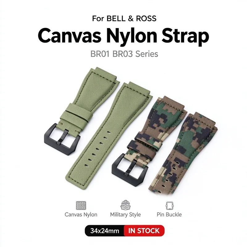 Premium Canvas Nylon Strap for Bell Ross BR01 BR03 34x24mm Army Green Camo Pin Buckle Military Sport Men Replacement Watch Band