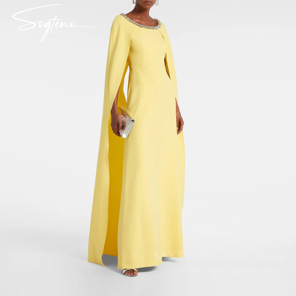 SSYTENS Yellow Wedding Party Dresses for Women Luxury Crystal Clock Sleeves Formal Gowns Long Mermaid Mother of the Bride Dress