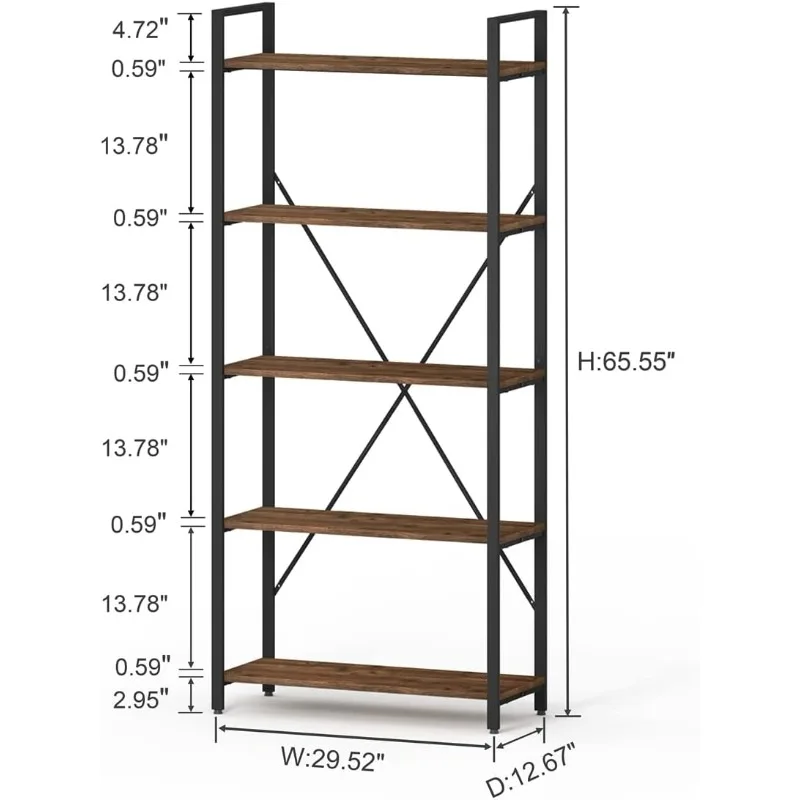 Industrial Bookshelf, Etagere Bookcases and Book Shelves 5 Tier, Rustic Wood and Metal Shelving Unit (Rustic Oak)