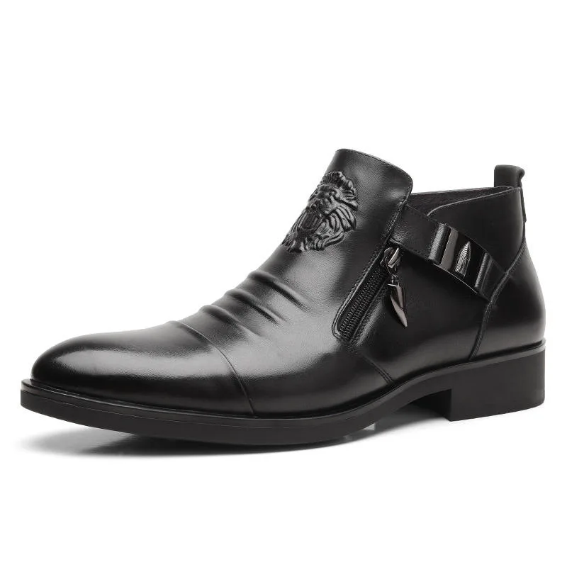 Zapatos de cuero de tacón cuadrado para hombre, botas cortas de vestir con cremallera, versátiles, a la moda, color negro, para primavera y otoño