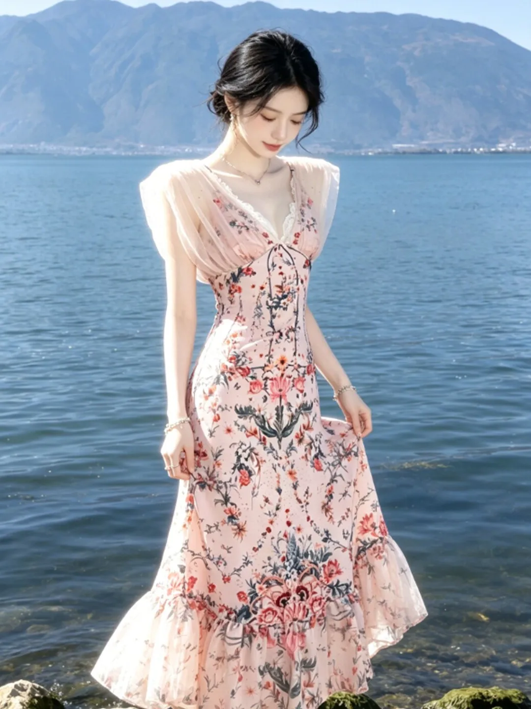 

Retro Style Unique Super Beautiful V-Neck Print Bodycon Fish Tail Skirt Design Summer Dress Cotton Blend mid Stretch