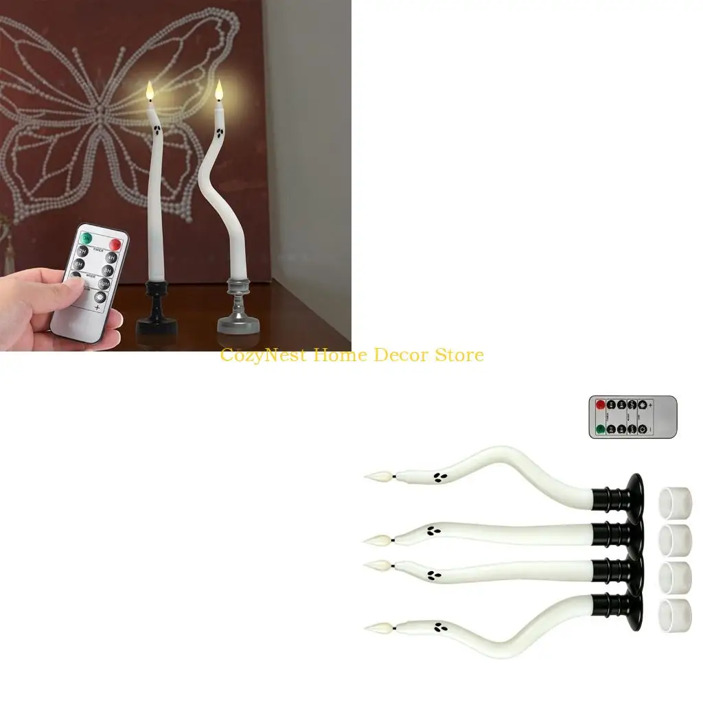 92MF Led Flickering Candle Ghosty Halloween Flameless Taper Candle White Character Light Set of 4, Plastic Battery Operated Set