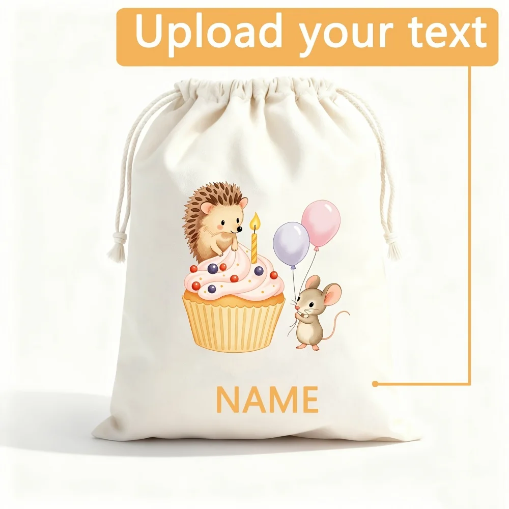 1Pc Custom Name/Text Birthday Hedgehog Mouse Imitation Hemp Drawstring Gift Bag, Suitable for Birthday Gift, Daily Storage