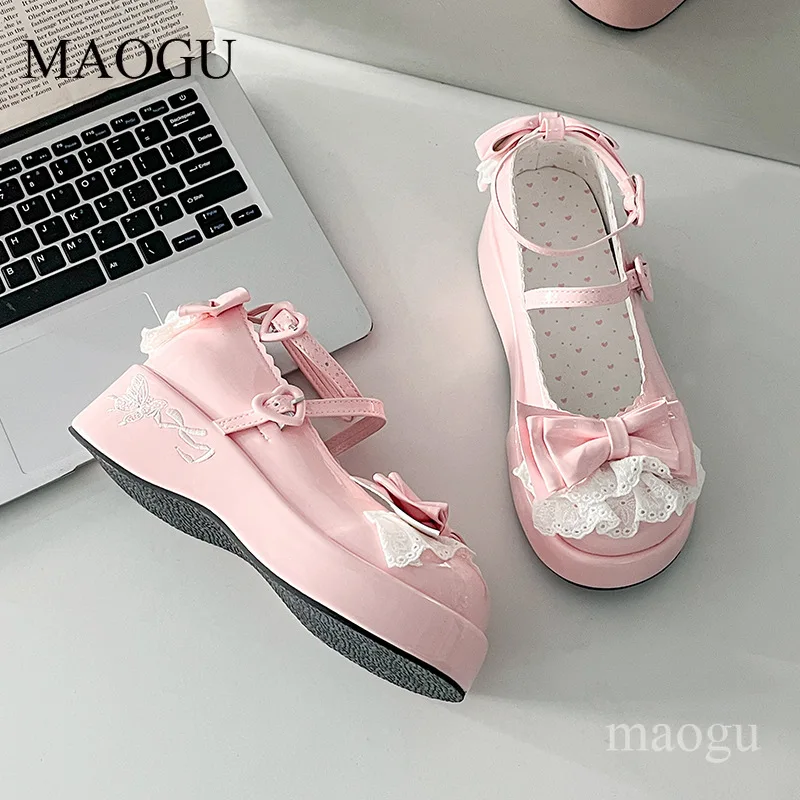Women's Sweet Lolita Platform Mary Janes Lace Bow Buckle Chunky Sole Pumps Kawaii Dress Shoes for Cosplay Girls Туфли Мэри Джейн - view 5