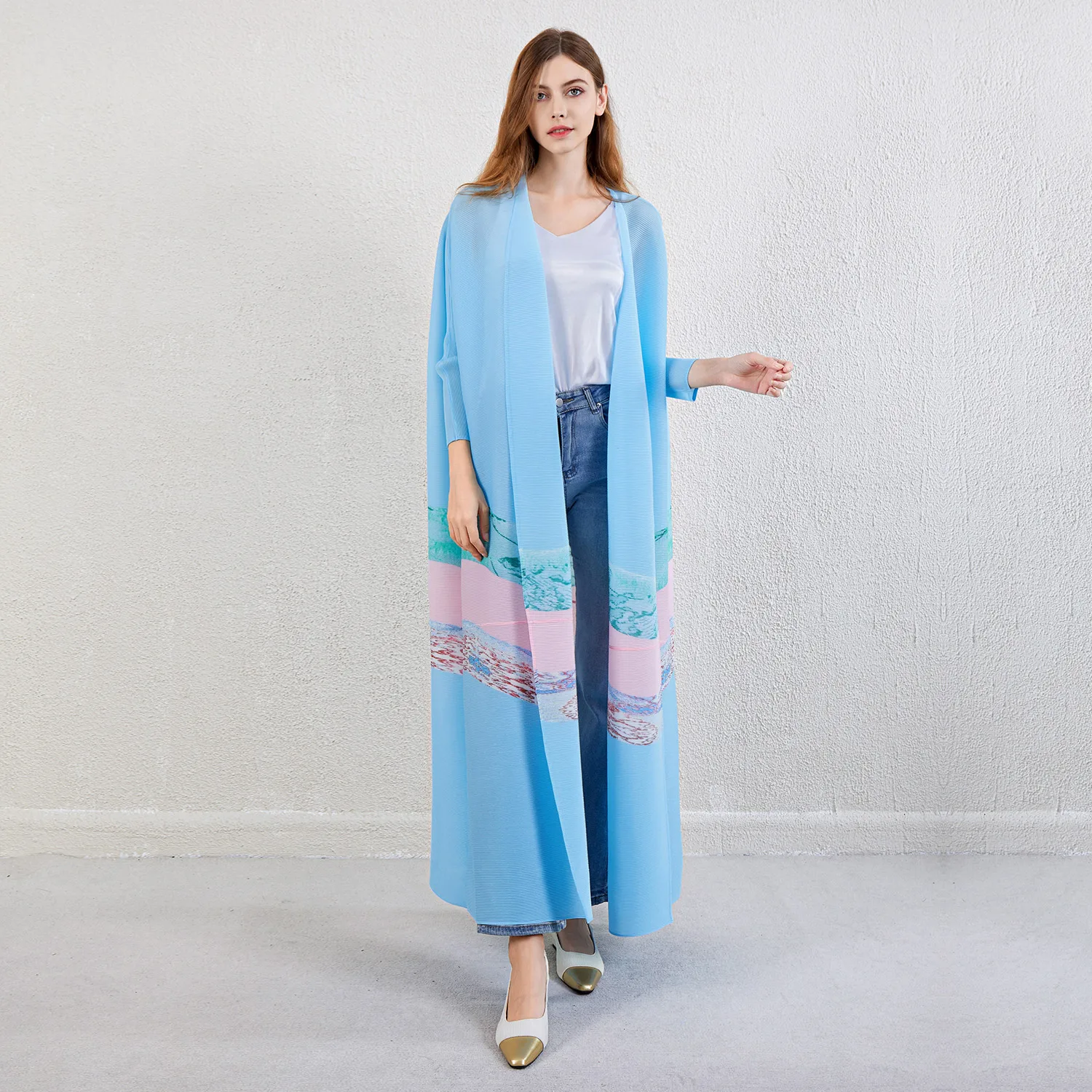 Latest 2024 Pleated Long Coat Windbreaker Casual Style Printed Women's Long Cardigan Fashion Pleated Robe