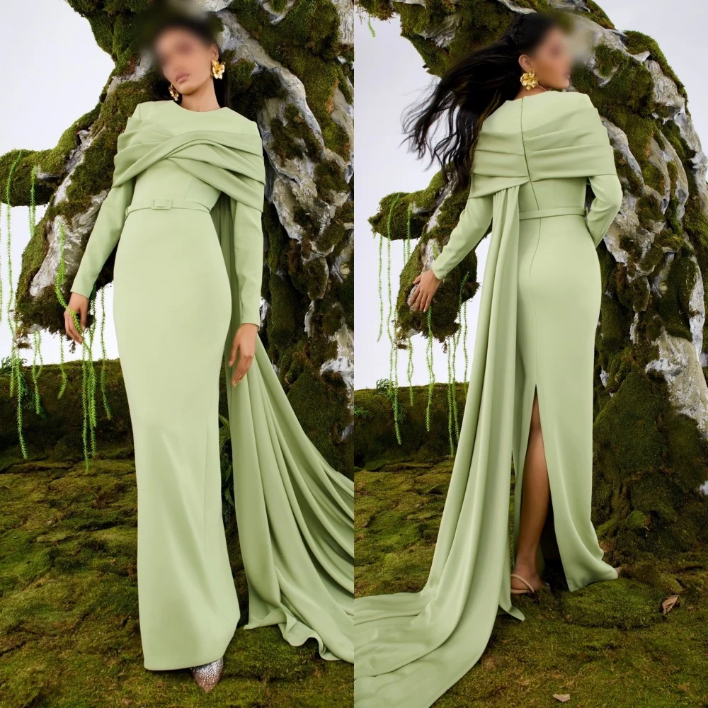 

Индивидуальная плиссированная шаль крест-накрест с круглым вырезом и длинными рукавами, длинные платья на заказ, официальный вечер, элегантная вечеринка, свадьба