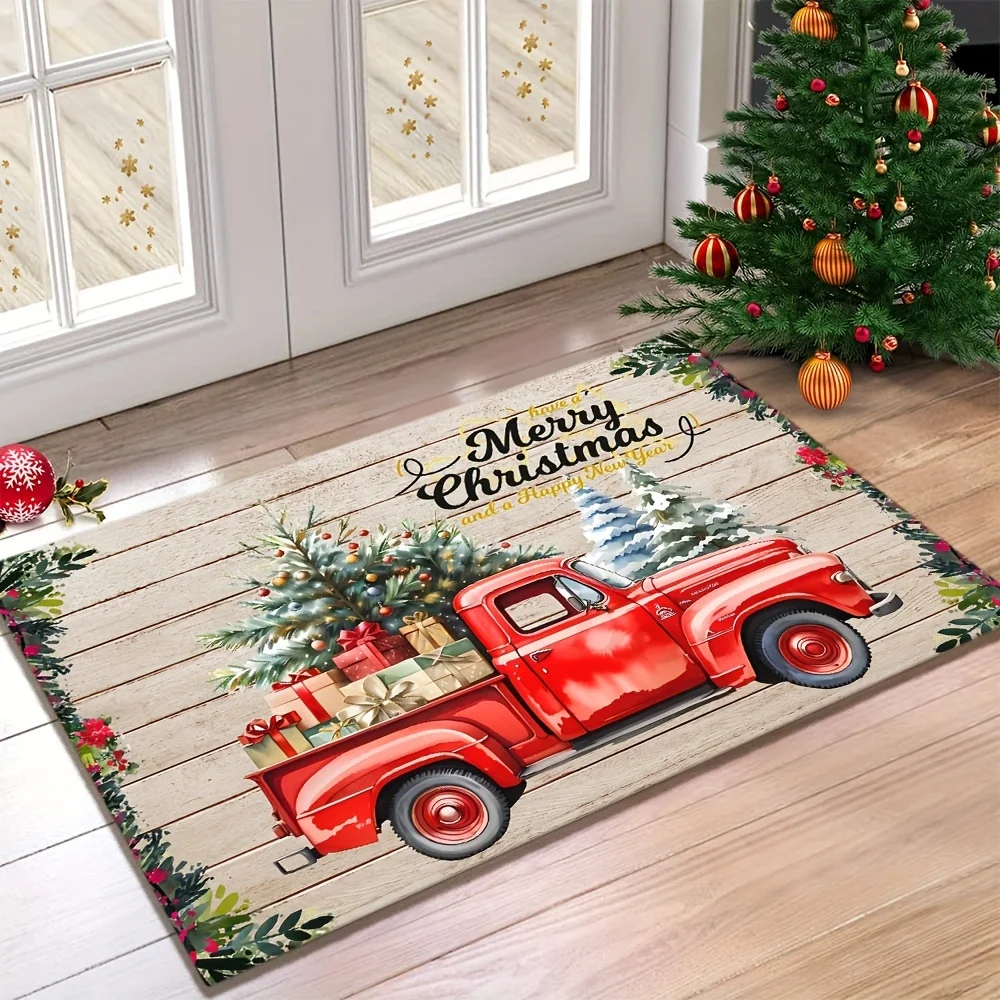 VIKAMA Christmas Doormat Red Vintage Truck with Tree Welcome Rug Non Slip Floor Mat for Home Kitchen Bathroom Entry Xmas Decor