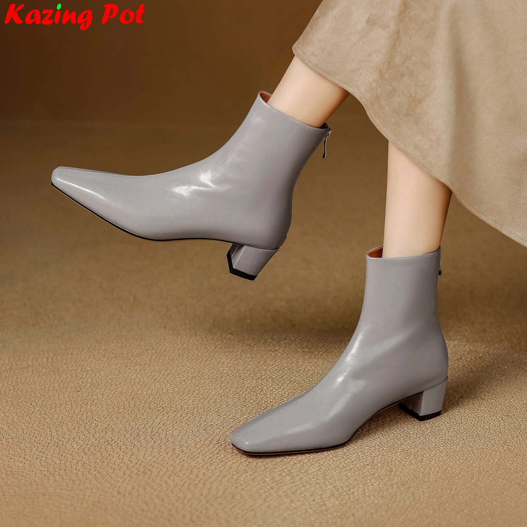 2027 Cow Leather Square Toe Med Heels Zipper Modern Boots Warm Winter Shoes Dating Retro Concise Party Casual Dress Ankle Boots
