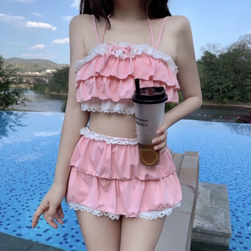 Sweet Kawaii Japanese Unique 2 Piece Swimwear Set Women Lace Ruffle Spaghetti Strap Crop Top Skirt Slim Fit Vacation Outfit 2026 view 5