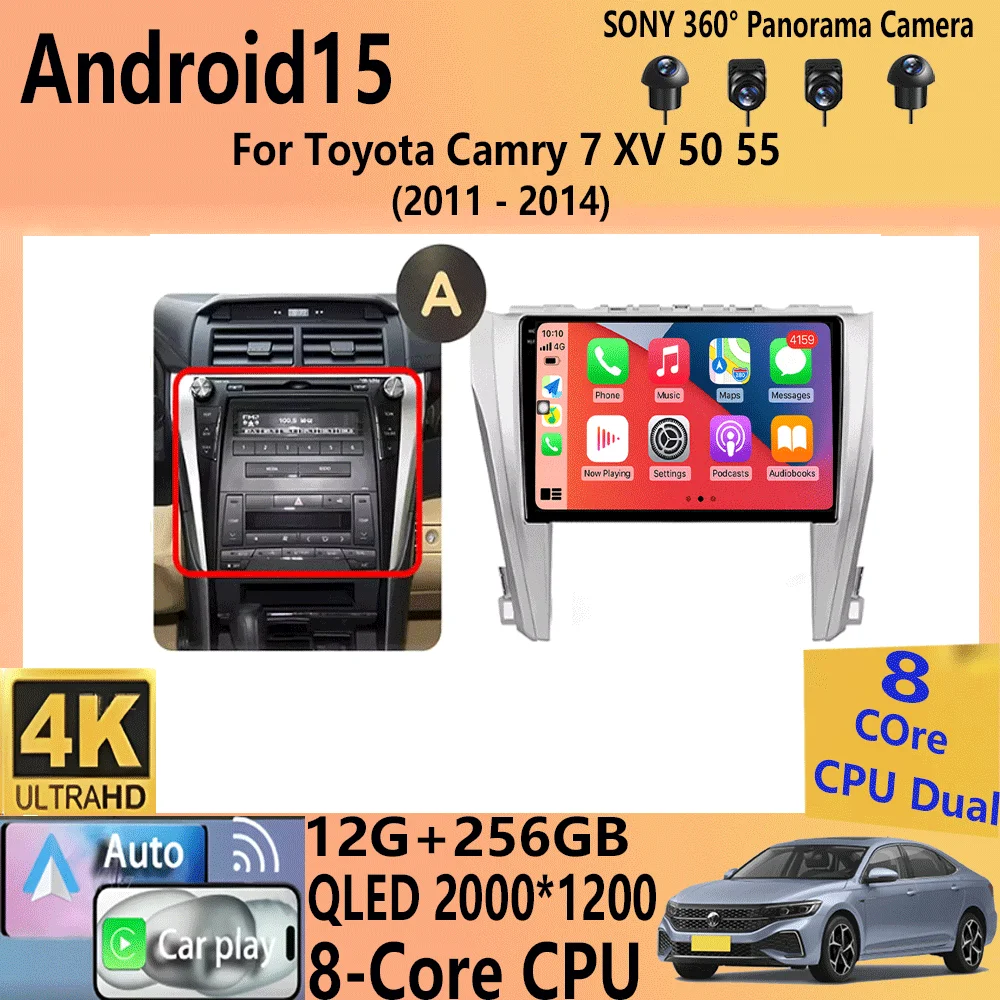 Car Radio Android 15 Carplay Auto For Toyota Camry 7 XV 50 55 2011-2014 Multimedia Video Player Navigation Stereo GPS No 2din 4G