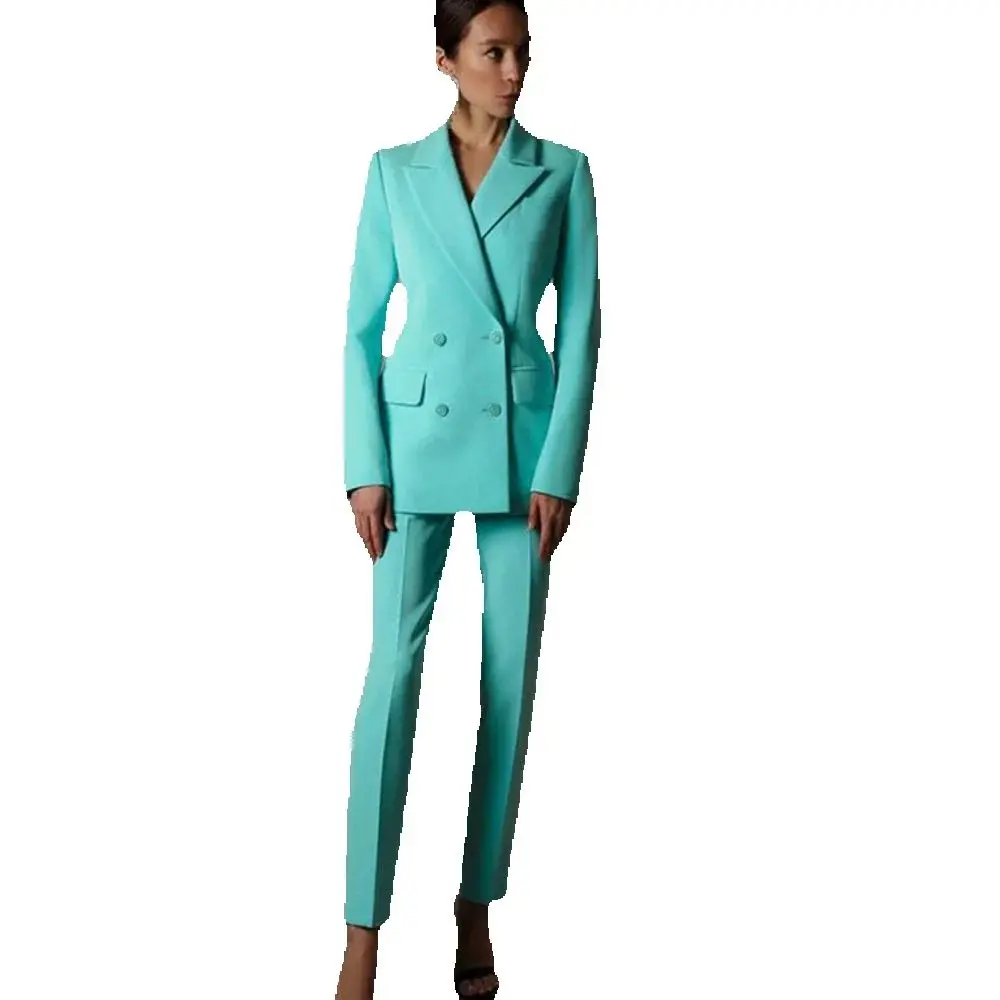 Smart Nieuw in Blauw Pakken voor Vrouwen Double Breasted 2-delige Jas Broek Vrouwelijke Kleding Kantoor Banket Dame Blazers Sets