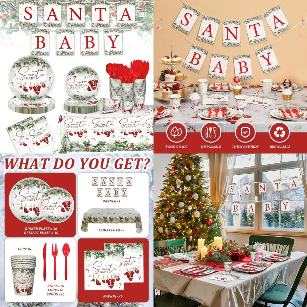 

Complete 272-Piece Santa Baby Shower Kit: Christmas Themed Disposable Tableware & Party Decorations