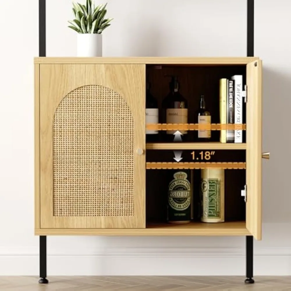 مجموعة من رفين كتب طويلين مع مساحة تخزين، ورف كتب سلم من 6 طبقات مع خزانة من الروطان، وخزانة كتب مثبتة على الحائط مع أبواب وإطار معدني #6