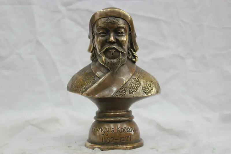 

China Pure Bronze Genghis Khan Bust Statue Carved Auspicious Flowers