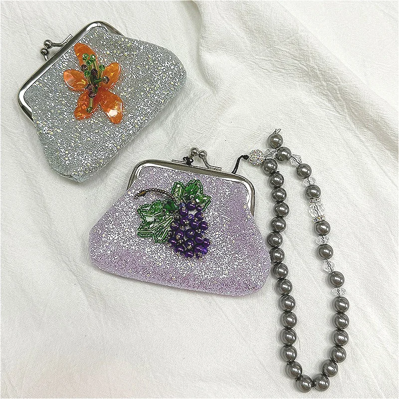 Vintage Sweet Glitter Mini Metal Frame Purse Bead Decoration Coin Wallet Portable Crystal Beaded Wristlet Bag Earphones Cards