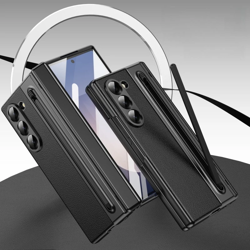 

Кожаный чехол с защитой шарниров для Samsung Galaxy Z Fold 8 7 6 5 4 3, с подставкой для стилуса и противоударным стеклом на переднюю панель
