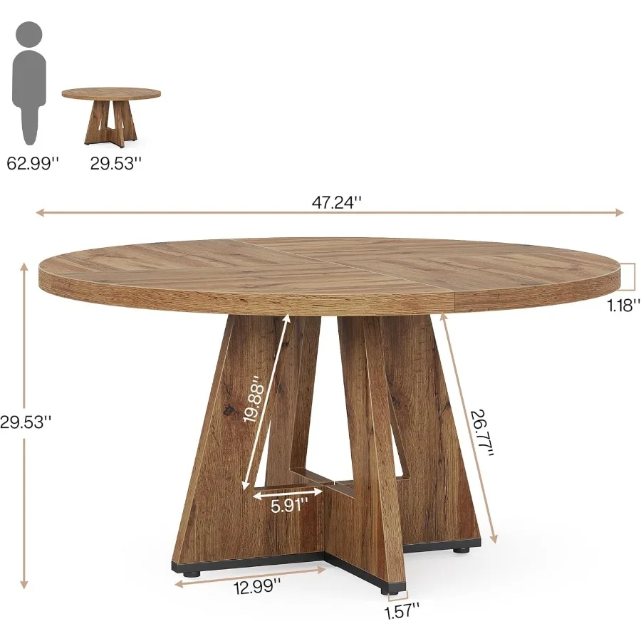 Farmhouse Dining Table, 47 Inch Round Dinner Table for 4, Rustic Solid Wood Dining Room Table, Natural Brown, Scratch-Resistant