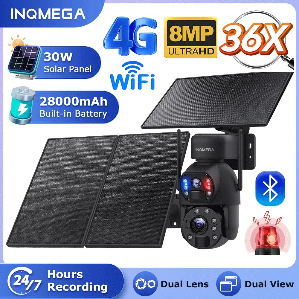 

8MP WIFI Outdoor Surveillance Camera 4G SIM 36X Zoom 30W Solar Panel 28000mah Built In Battery Wireless 4K Night Vision CCTV