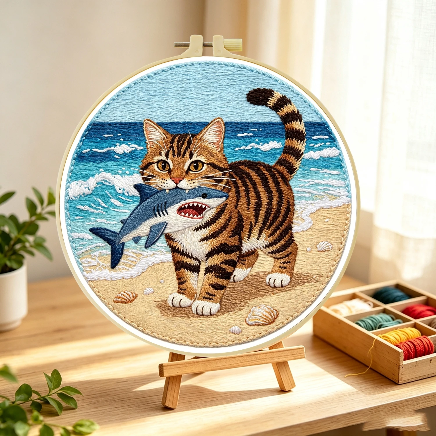 1 Set Strandkatze Hai DIY Stickerei-Set für Anfänger, Stickerei-Starter-Kit, Kreuzstich-Kunstgeschenk, Handarbeits-Bastelset – Detail 4