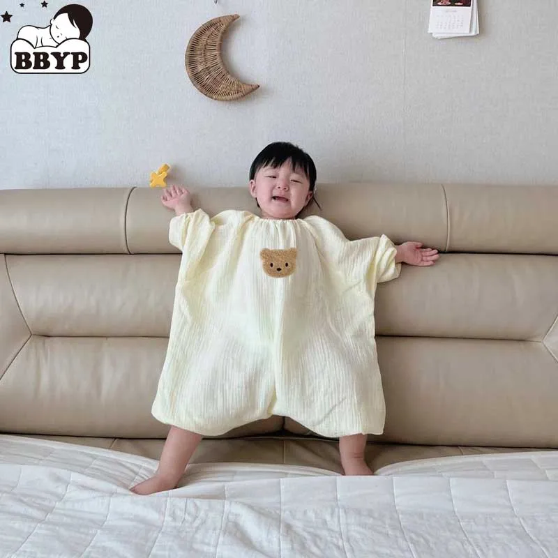 Baby Pajamas Cute Vest Bear Embroidery Soft Cotton Gauze Infant Toddler Sleeping Bag Long Sleeves Blanket Sleepers