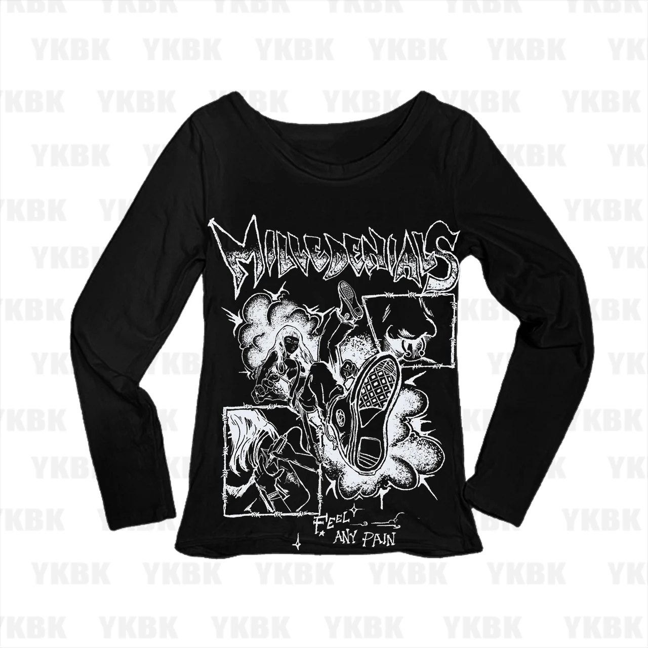 Milledemanacs Feel Any Pain Punk Comic Graphic Print Women Long Sleeve T‑Shirt Slim Fit Grunge Ladies Tops