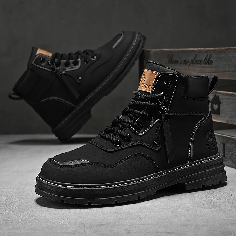 

New Men's High-top Boots Round-toe Motorcycle Shoes Casual Work Fashion Outdoor Non-slip Trendy Versatile Business Leather Shoes