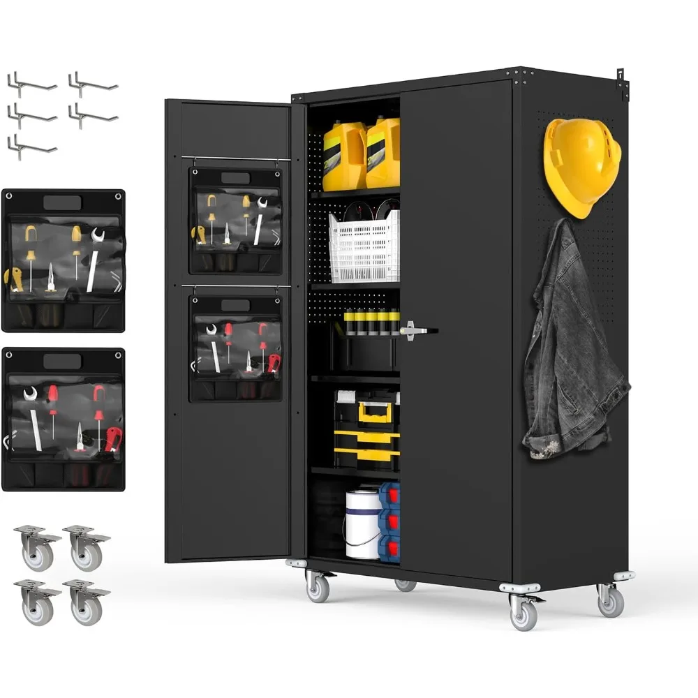 

Tall & Wide Metal Garage Storage Cabinet with 4 Adjustable Shelves, 43''W x 22''D x 72''H with Wheels & Pegboards, Heavy Duty Lo