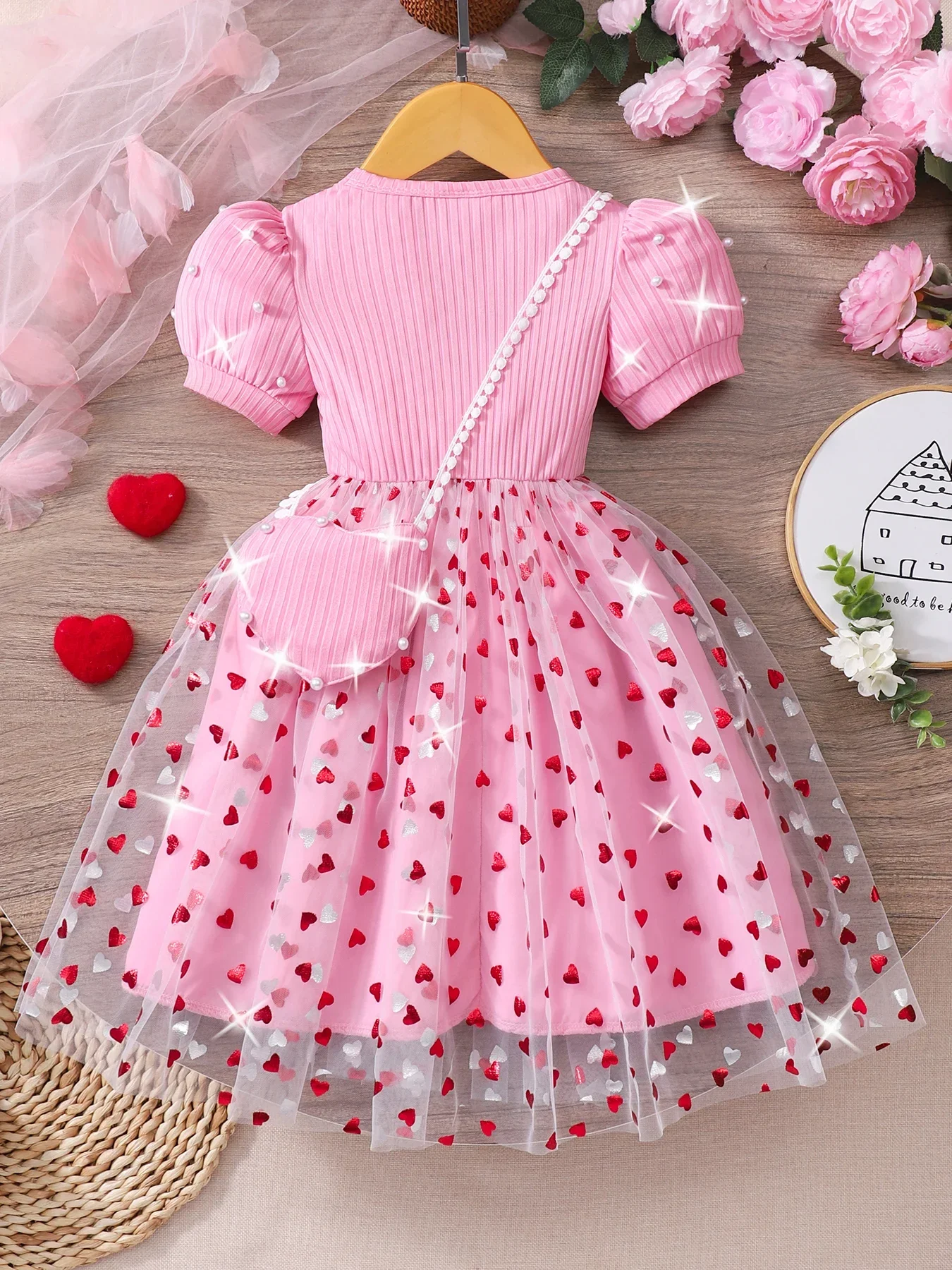 Gift bag! Round neck bubble sleeve pearl gauze dress Love gauze Valentine's Day and wedding partyFor children aged 4-7