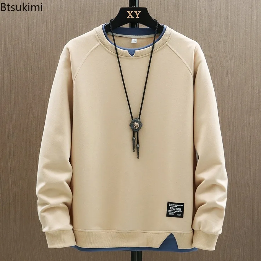 Spring New Men's Solid Casual Sweatshirts Harajuku Fashion Fake Two Pieces O-neck Hoodies Versatile Tops Hip Hop Streetwear Male