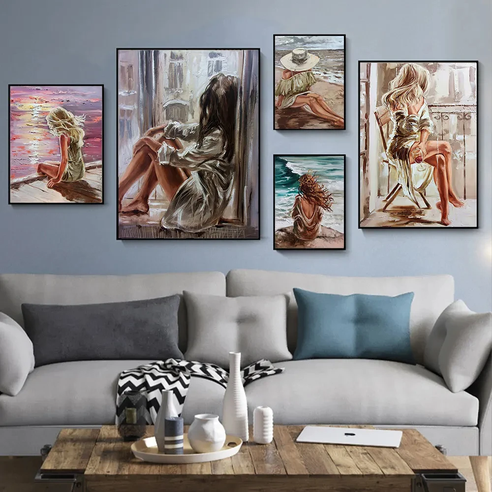 

Women Beach Oil Painting Poster Abstract Boho Portrait Canvas Prints Room Wall Art For Bedroom Gallery Home Decor