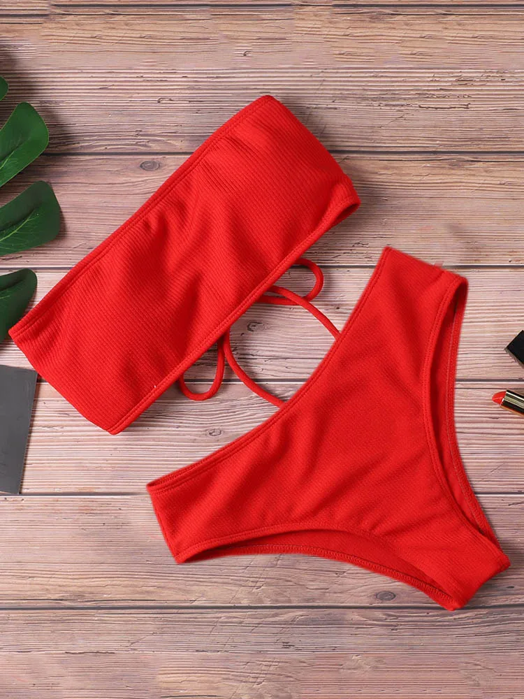 2024 New Bikini Women Swimwear High Waist Strapless Sexy Bikini Pure Color Women Swimsuit Padded Bathing Suit Monokin