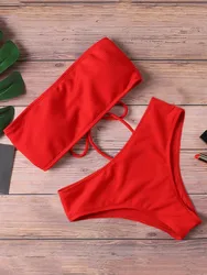 2024 New Bikini Women Swimwear High Waist Strapless Sexy Bikini Pure Color Women Swimsuit Padded Bathing Suit Monokin