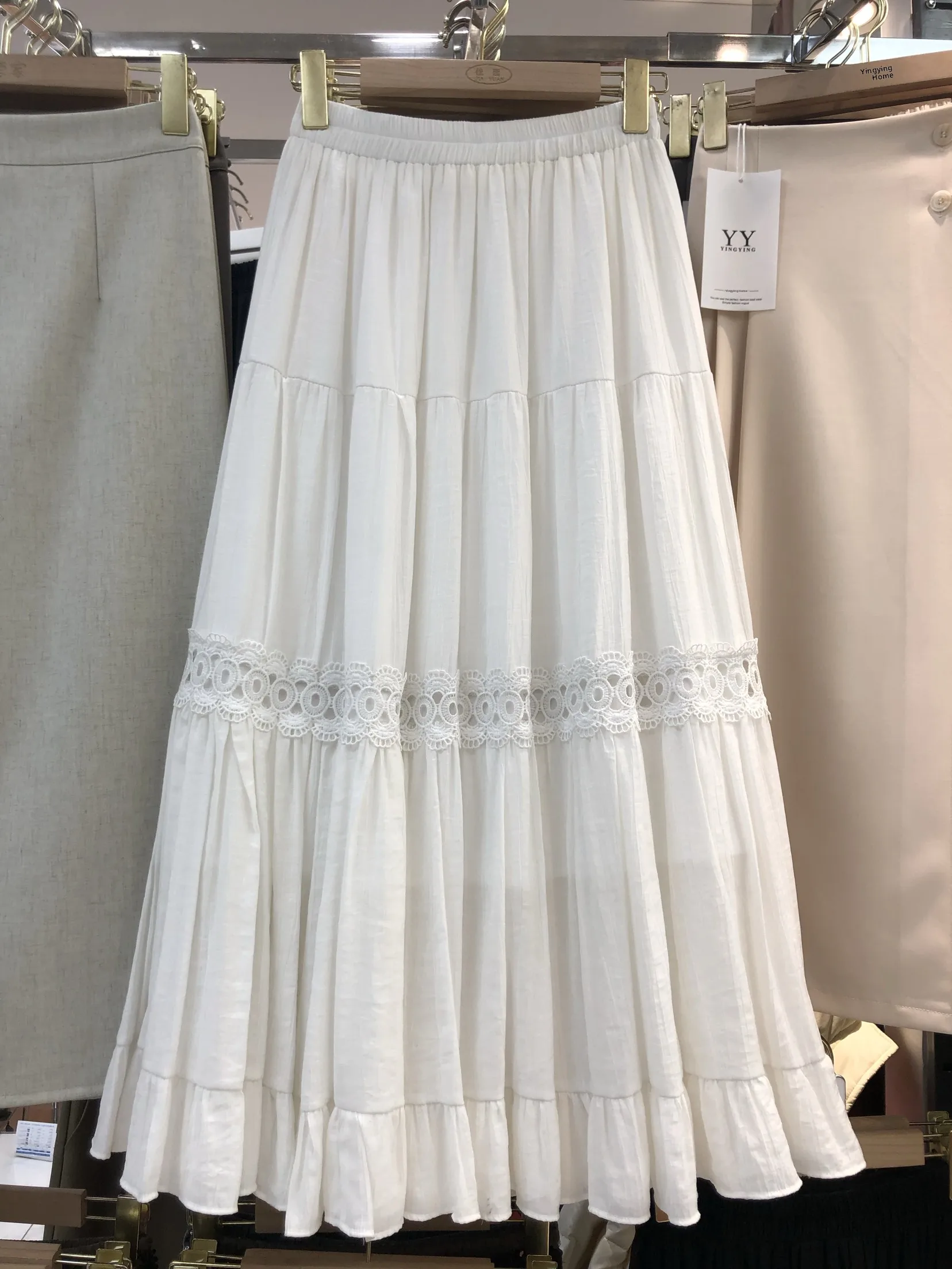 

Retro Japanese Style Cotton Lace Hollow out White Skirt Women's Elastic Waist plus Size Anti-Aging Cake Skirt Midi A-Lin...
