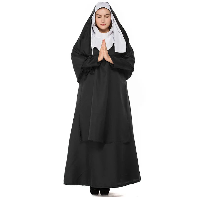 Costume d'habitude de nonne et de sœur pour femmes, déguisement d'halloween, missionnaire chrétien, catholique, carnaval, fantaisie, robe longue noire