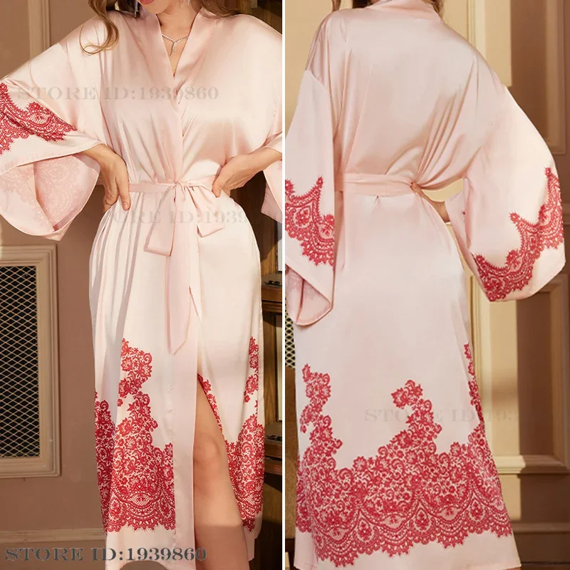 New Long Robe Women\'s Sleepwear Print Flower Kimono Bathrobe Gown Yukata Loose Silk Satin Nightdress Homewear Intimate Lingerie