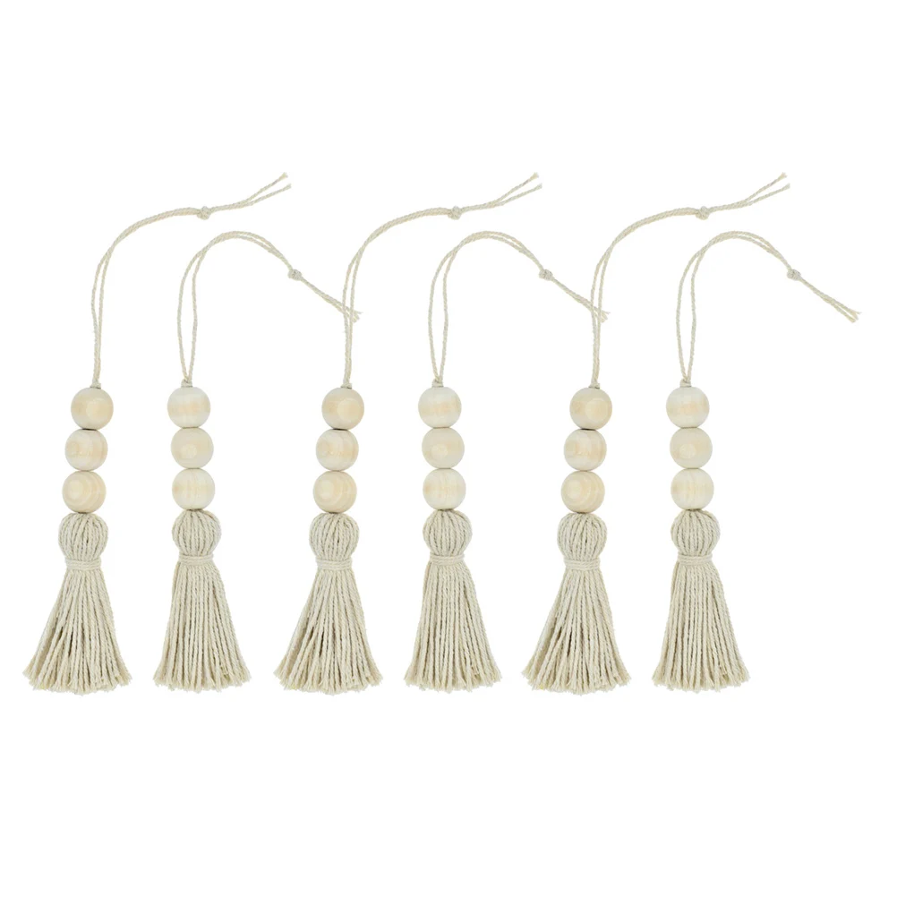 

6 Pcs Wooden Beads Tassel Ornaments Cotton Thread Decoration Door Hanger Fringe Closet Car Handbag Curtain Keychain Photography