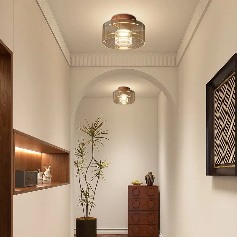 Luxury Amber Glass Stacked Ceiling Lights Solid Wood Pattern Top Seat Nordic Style Bedroom Balcony Corridor Ceiling Lamps Decor