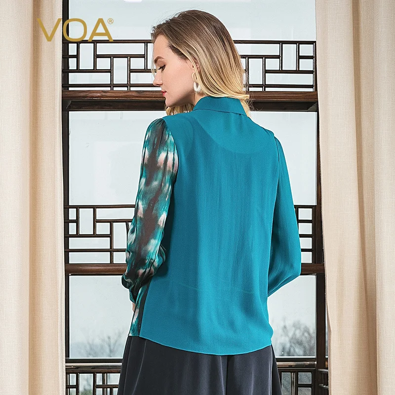 Fall Lapel Single-breasted Bubble Long Sleeve Turquoise and Blue Asymmetri White Brown Halo Dye Fashion Silk Shirt B9600