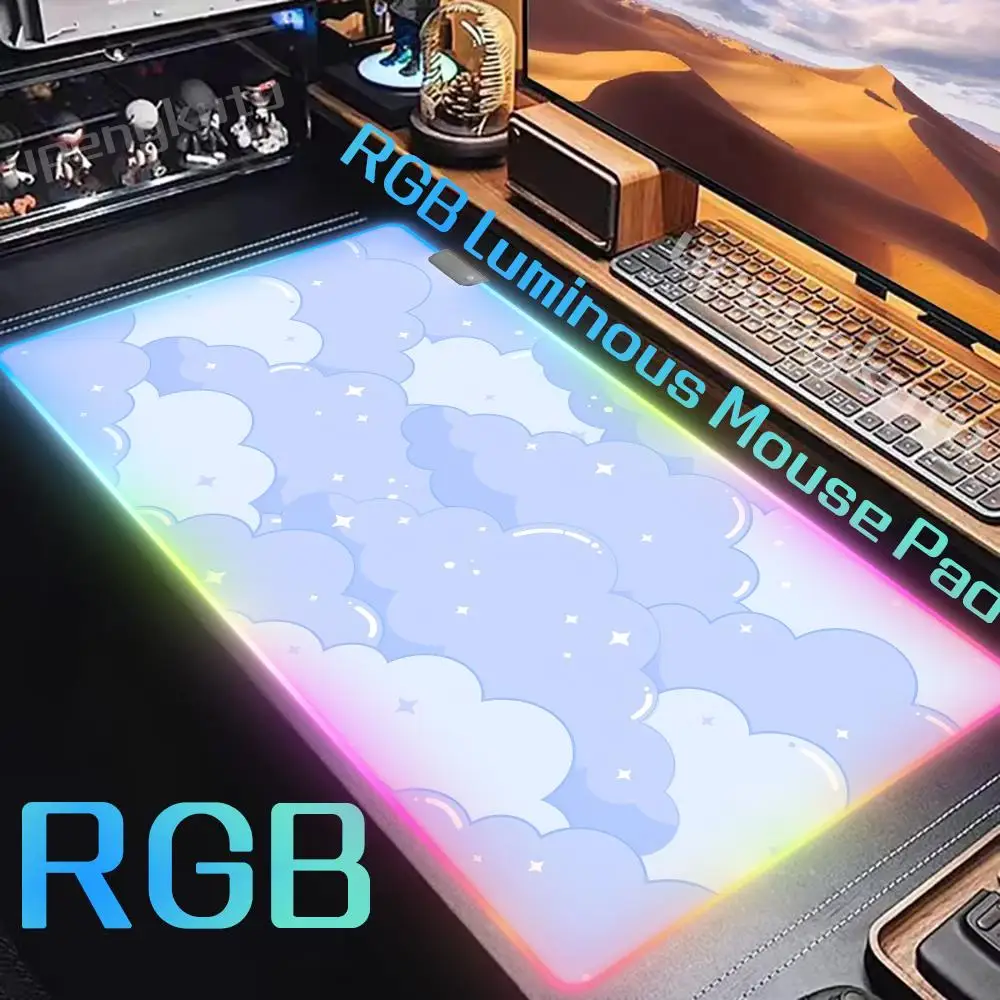 RGB Large Size blue Mousepad Pastel Cloud Kawaii Cartoon cute Mouse Rubber Table Mat Extended Gaming Lock Edge Keyboard Desk Mat